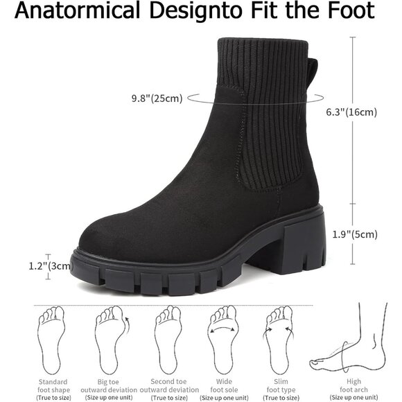 BKWHDAY Women's Black Chelsea Platform Ankle Boots Fashion Chunky Heel - Picture 5 of 7